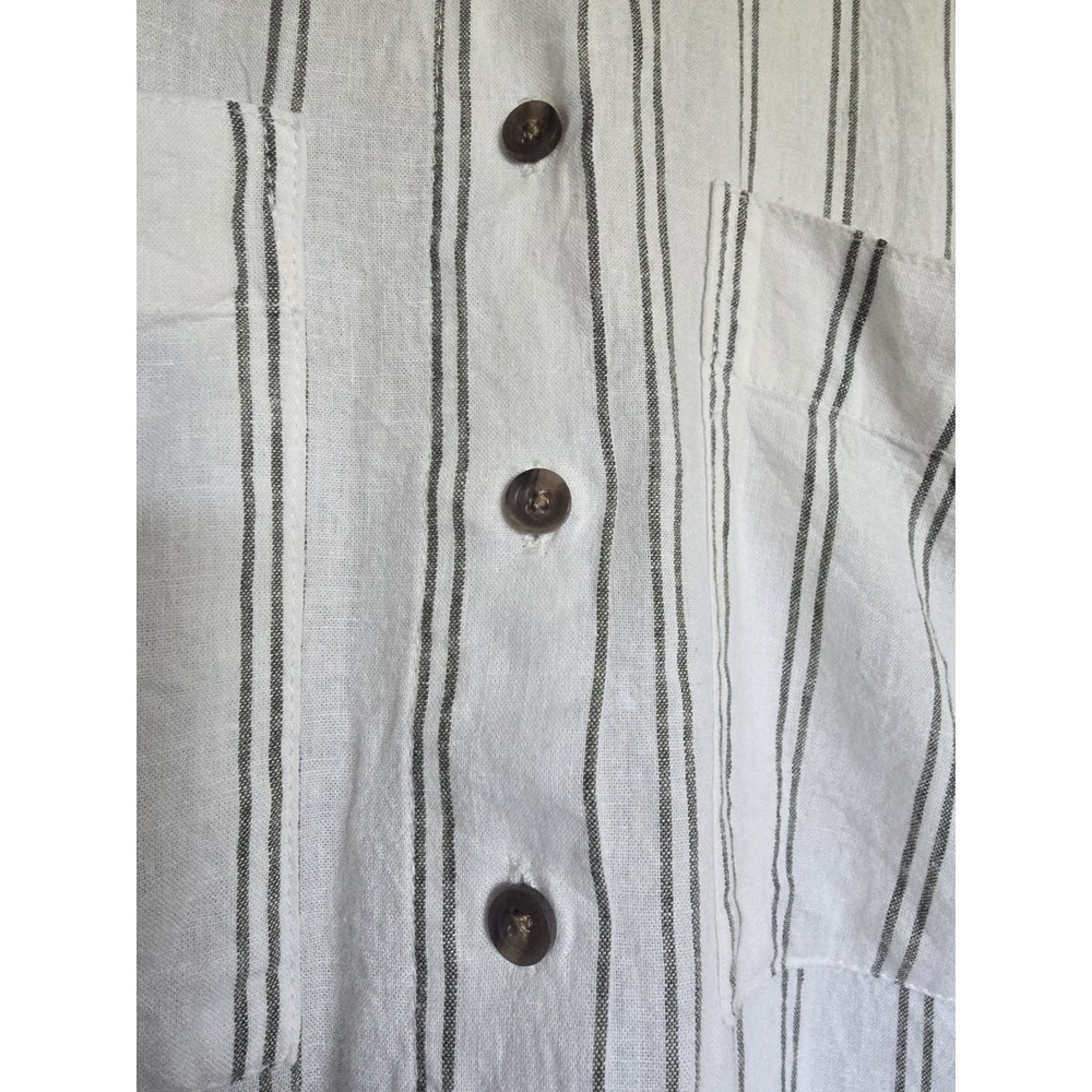 Striped Linen Blend Cream Green Short Sleeve Button Up Shirt Size Large - Picture 3 of 8